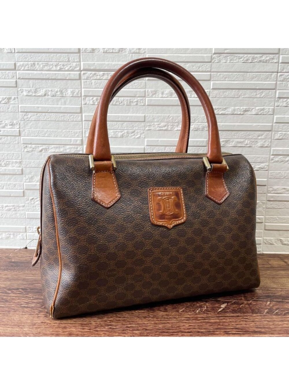Celine Macadam Leather Triomphe Logo Hand Mini Boston Bag